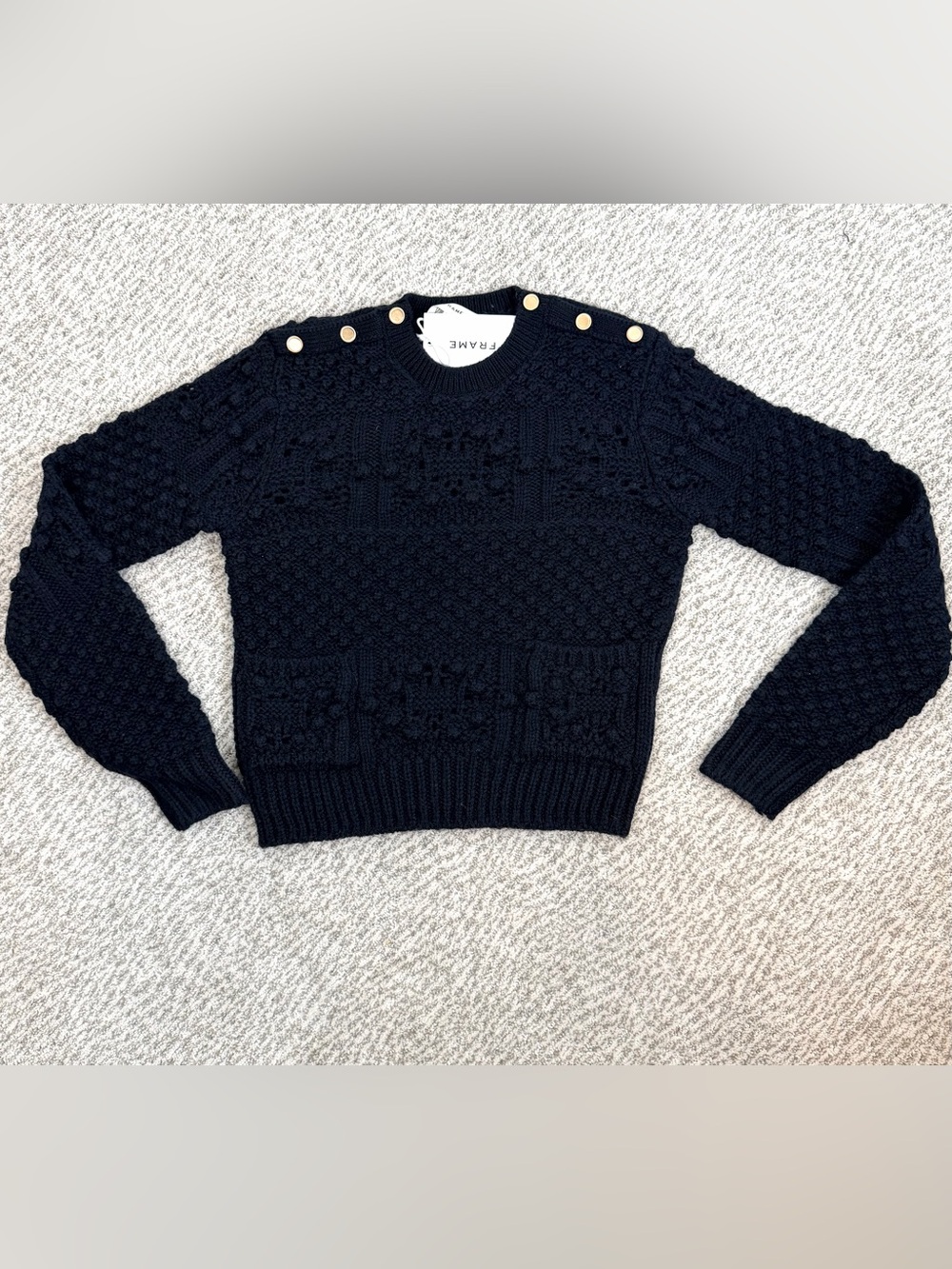 Frame Navy Alpaca Wool Cable-Knit Sweater Gold Button Detail Small NWT $398 MSRP - Picture 12 of 14